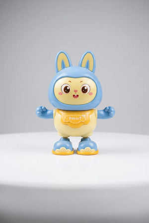 Blue and yellow dancing rabbit toy with tall ears and a smiling face, front view