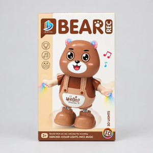 Dancing bear toy packaging showing music, colour lights, recording and playback features for ages 3+