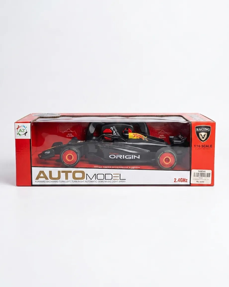 Red 1:16 scale F1-style RC car in retail box, 2.4GHz with lights and music