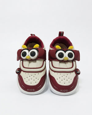 Maroon and cream owl cartoon kids shoes showing the strap-style upper
