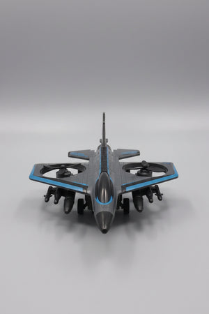 Black and blue dual-propeller toy aircraft