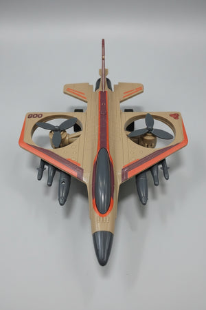 Tan and orange dual-propeller toy aircraft