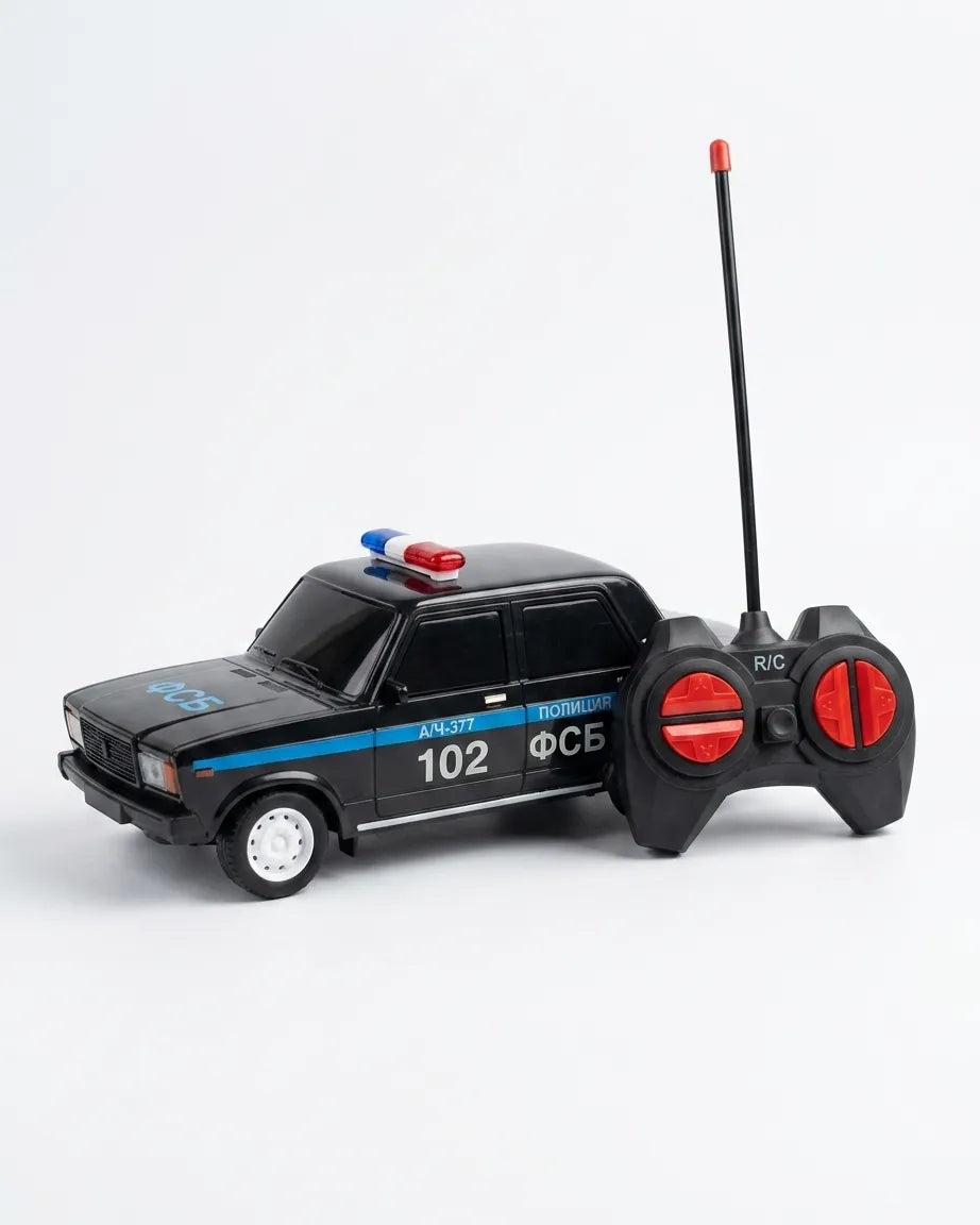 RC police car with siren light, black-blue body, with antenna remote controller