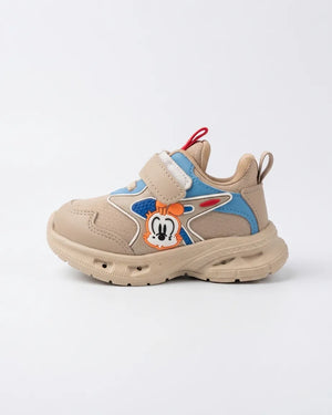Grey kids cartoon chunky sneaker with orange accents and strap, side view