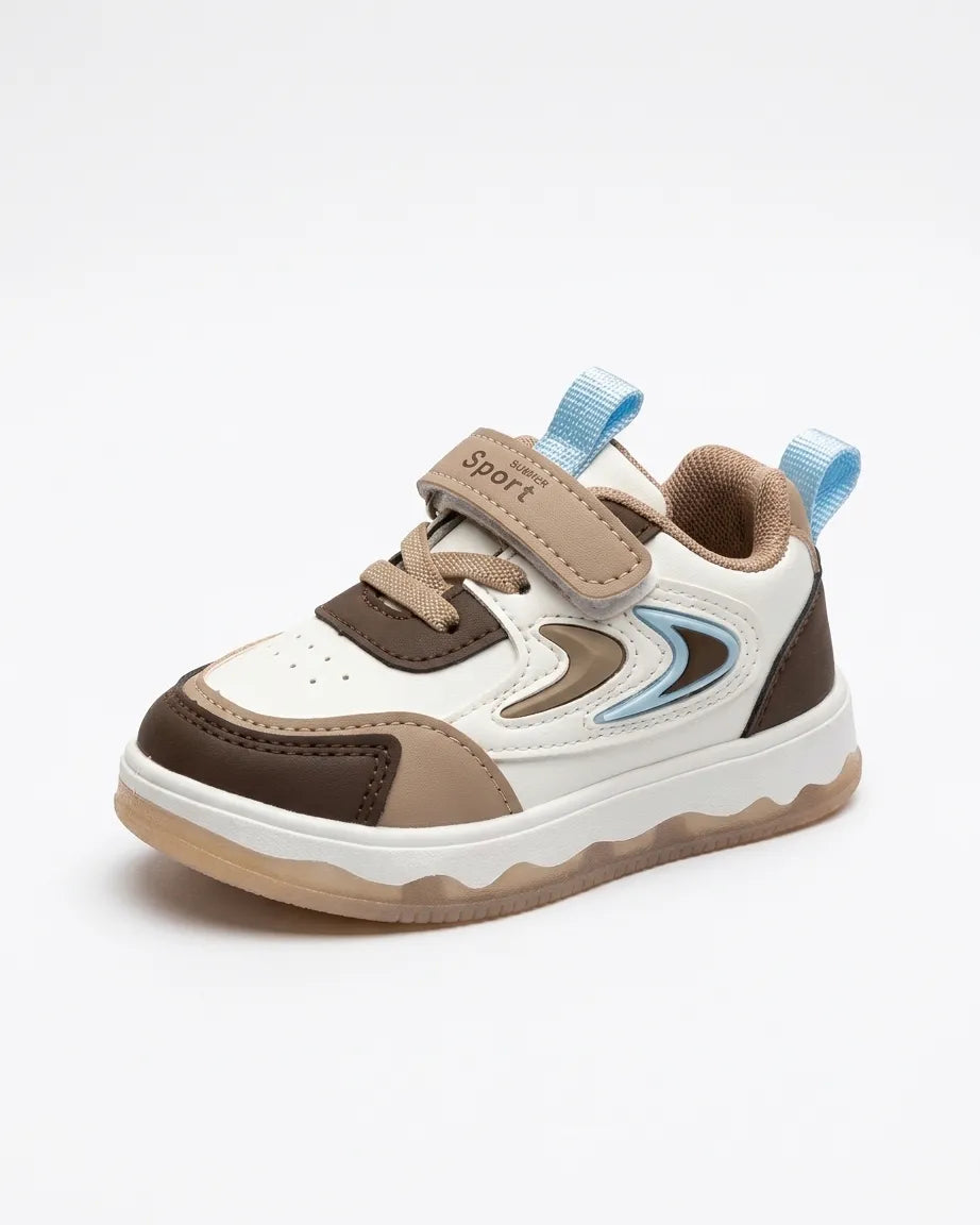 Kids casual sneaker in cream and brown with blue accent stripe and hook-and-loop strap
