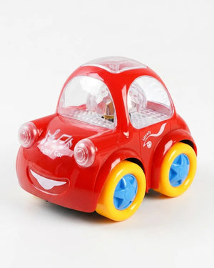 Red toy bump car with clear windshield, blue wheels, and smiling face front view