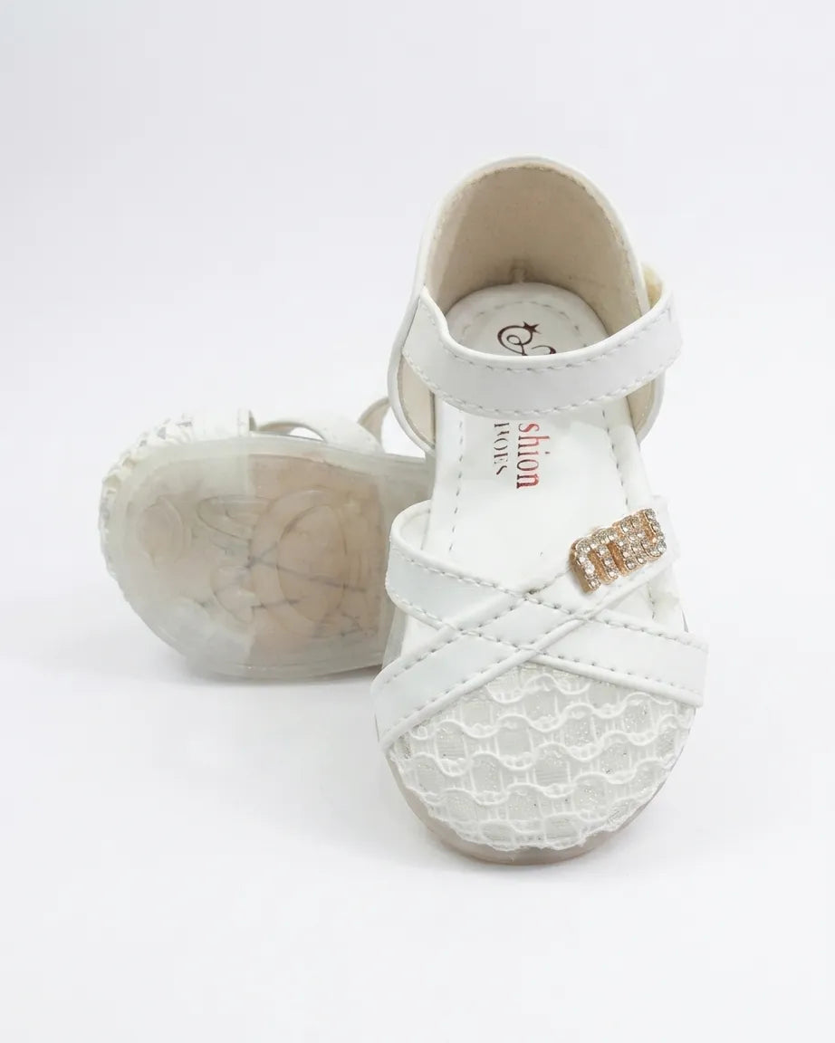 Kids white transparent light-up mesh sandals with rhinestone buckle and clear light-up sole