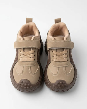 Cruise beige and brown kids chunky sneaker with textured wraparound sole, side view