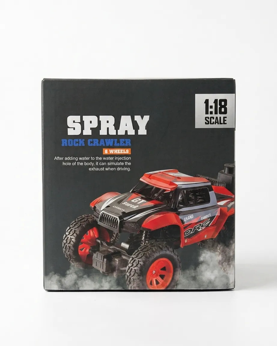 1:18 RC rock crawler toy, red/black with big off-road tires and smoke effect