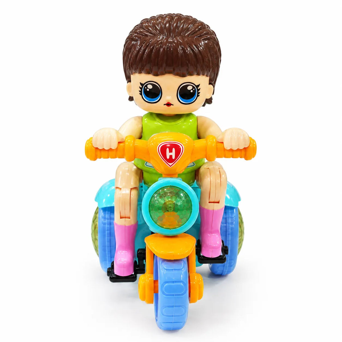 Stunt Tricycle toy packaging showing doll rider, stunt action and ages 3+ marking