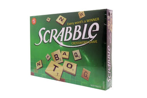 Scrabble crossword board game box, angled view with green front and side panel text