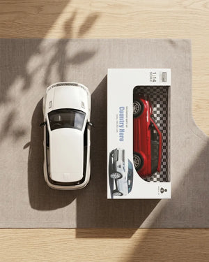 White 1:14 scale RC car and retail box, top-down view.