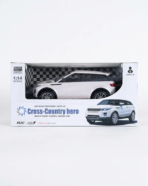 White 1:14 scale RC car in retail box with clear window.