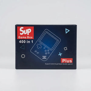 SUP Game Box 400-in-1 Plus packaging showing a handheld console outline and external gamepad support text