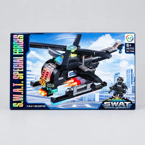 SWAT helicopter building set box showing the black helicopter, 682 pieces and ages 6+
