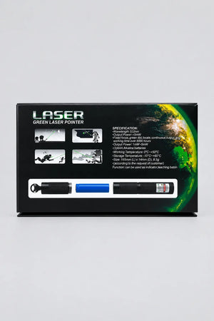 Back of the green laser pointer packaging showing printed specifications and a pointer illustration