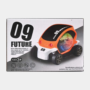 Retail box for an orange go car toy with LED light and music