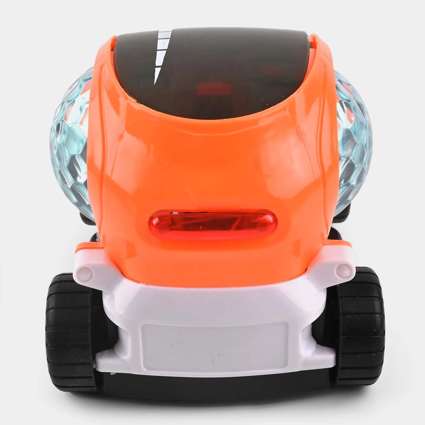 Orange and white bumper car toy with rear red LED light bar and black tires