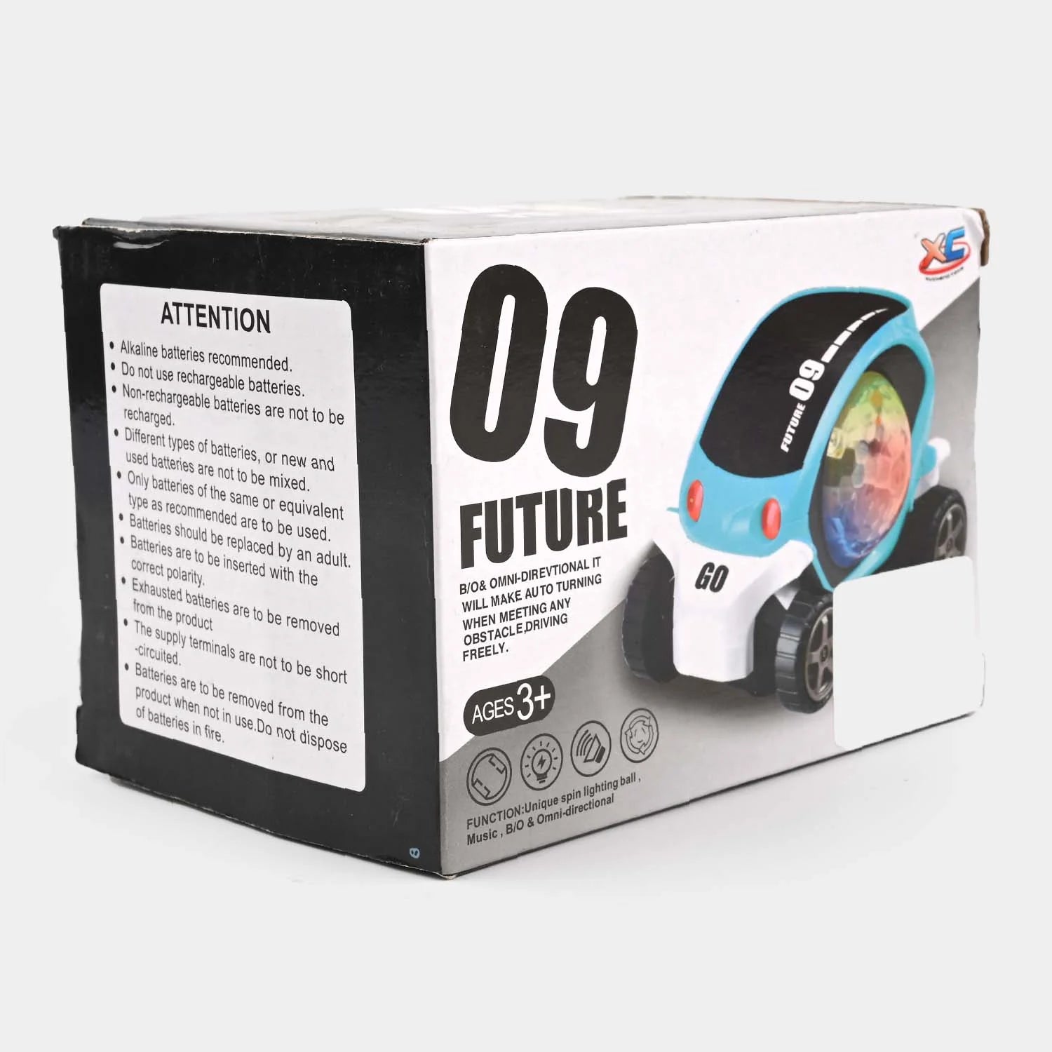 Retail box featuring a blue go car toy with LED light