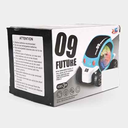 Retail box featuring a blue go car toy with LED light