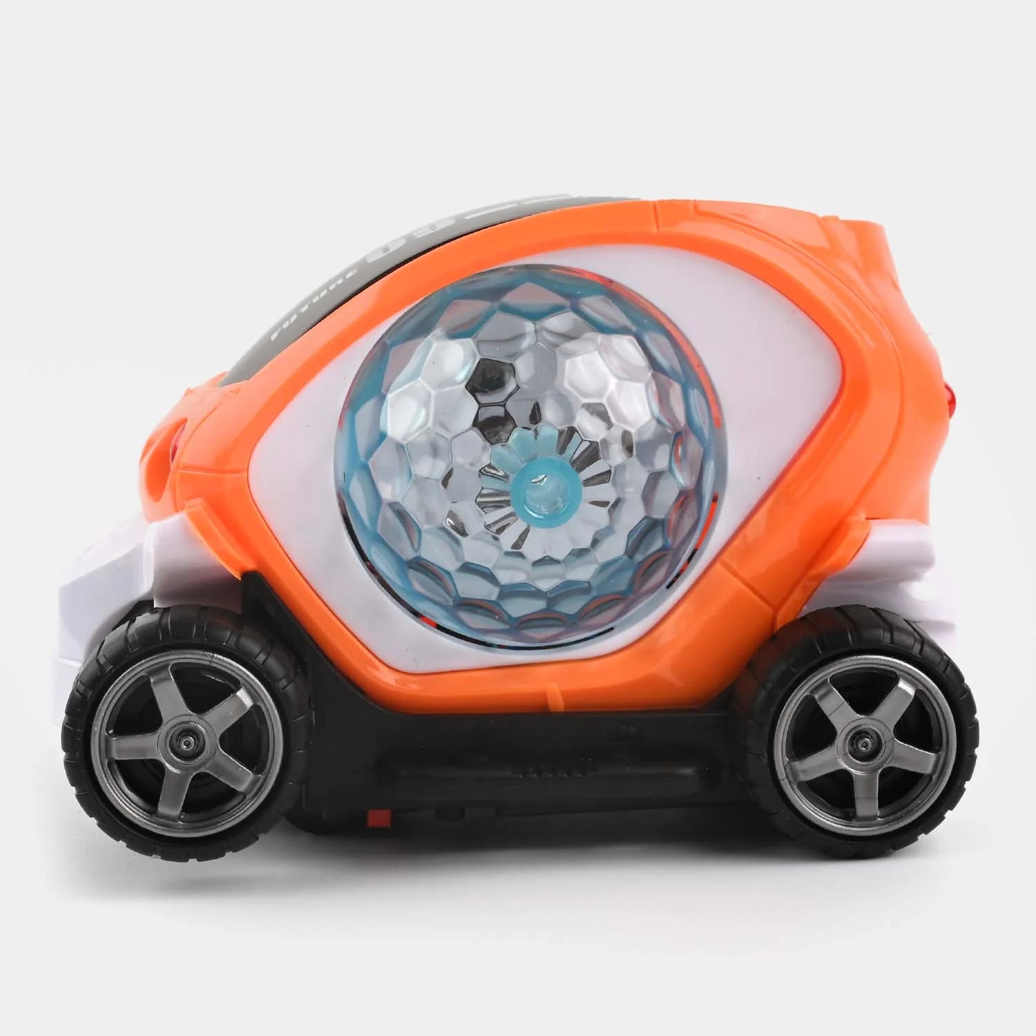 Orange go car toy with front LED light ball and black treaded tires