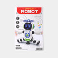 Dancing robot toy retail box front showing white robot with blue and green lights