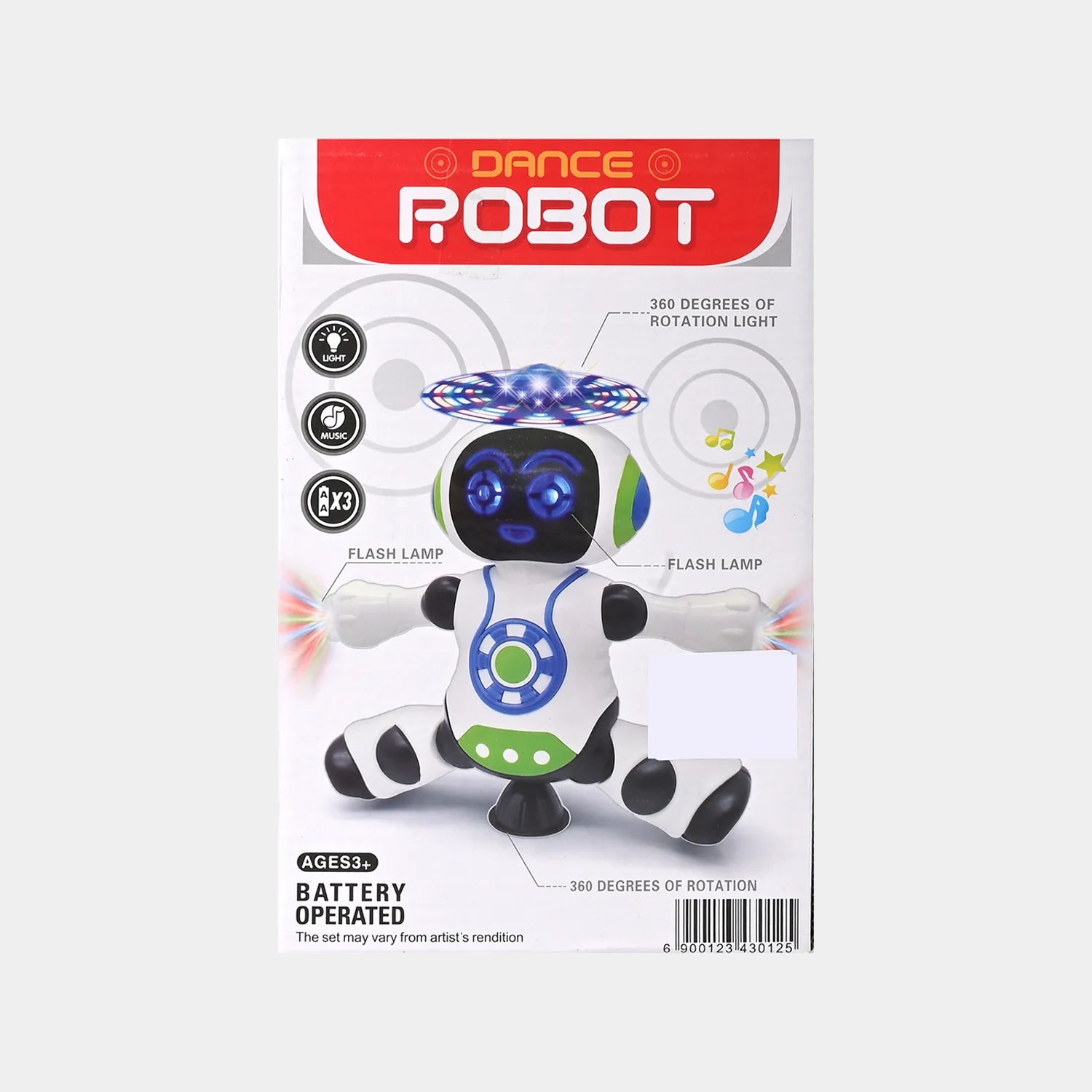 Dancing robot toy retail box front showing white robot with blue and green lights