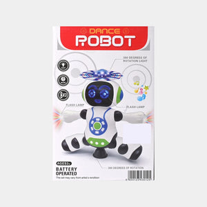 Dancing robot toy retail box front showing white robot with blue and green lights