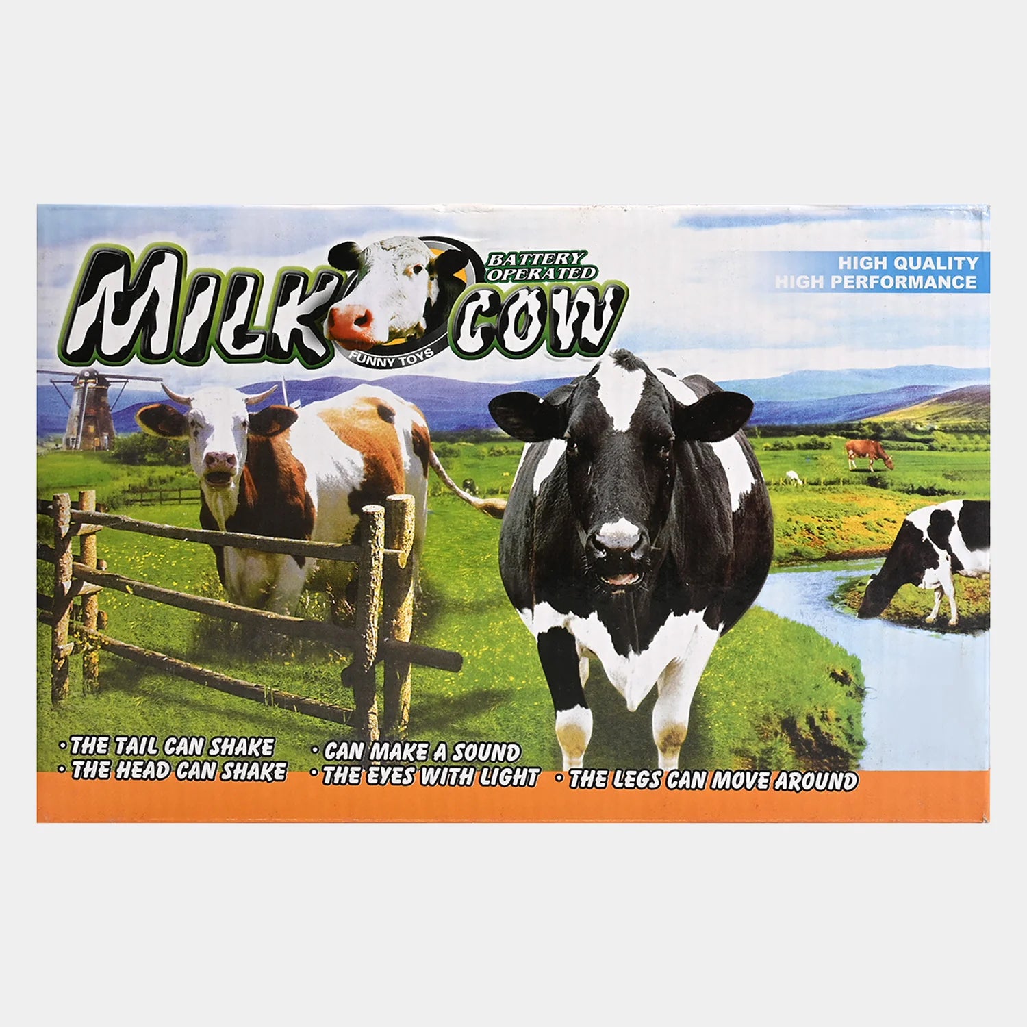 Black-and-white walking cow toy with light and sound, battery operated