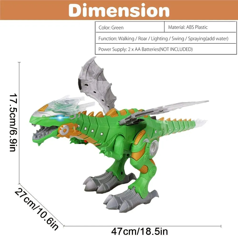 Green electric walking dragon toy with grey wings and claw feet, side view