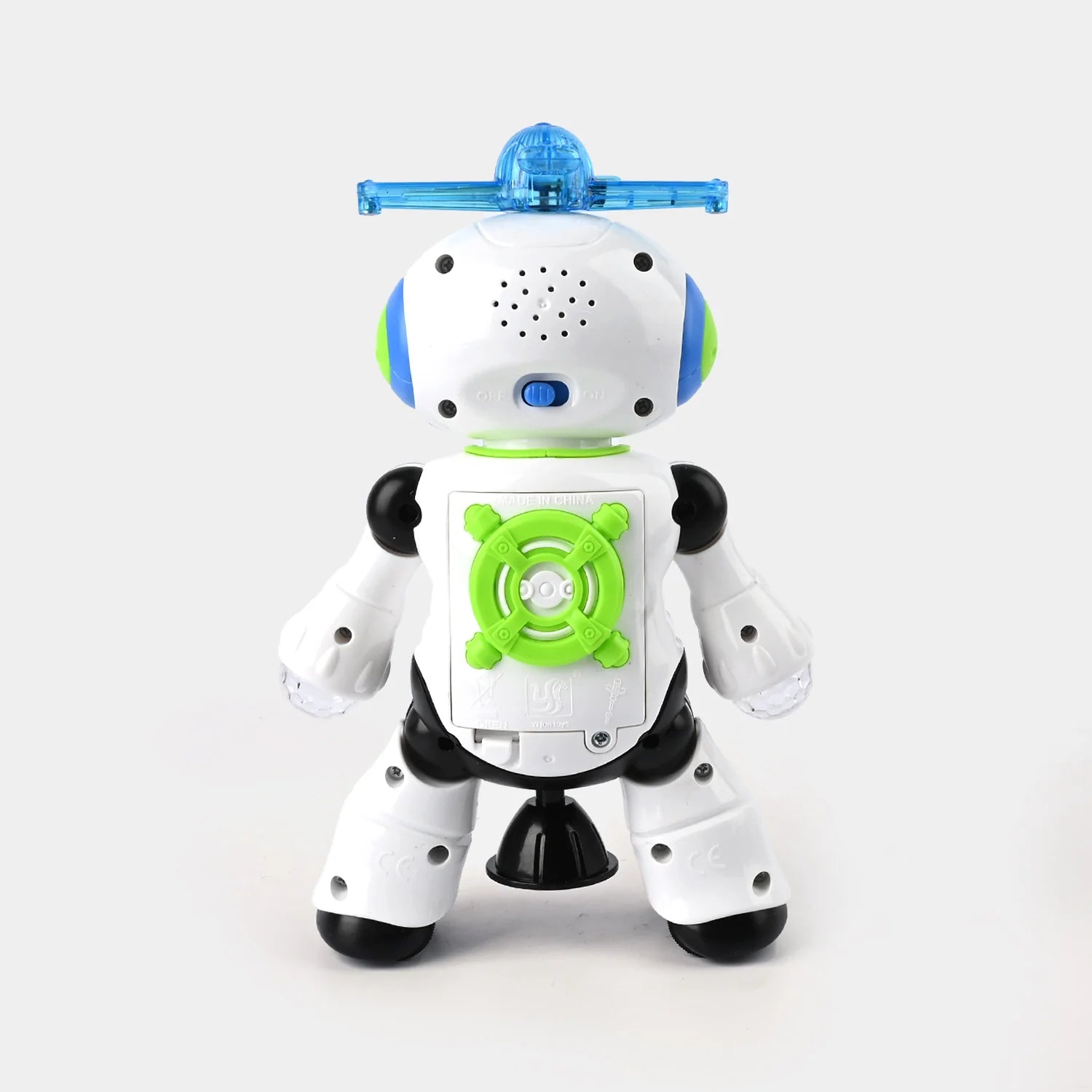 White robot toy with green face screen, blue top light bar, black hands and feet