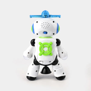 White robot toy with green face screen, blue top light bar, black hands and feet
