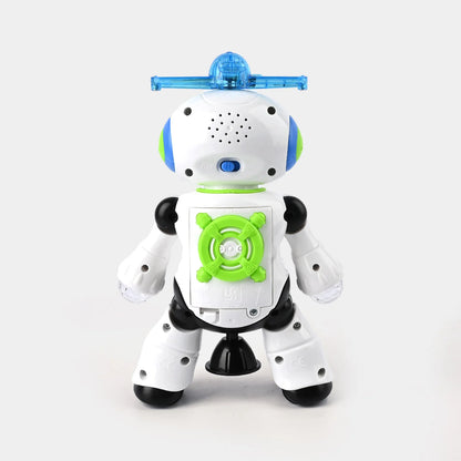 White robot toy with green face screen, blue top light bar, black hands and feet