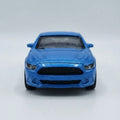 Blue die-cast pull-back car, front view with black grille and headlights