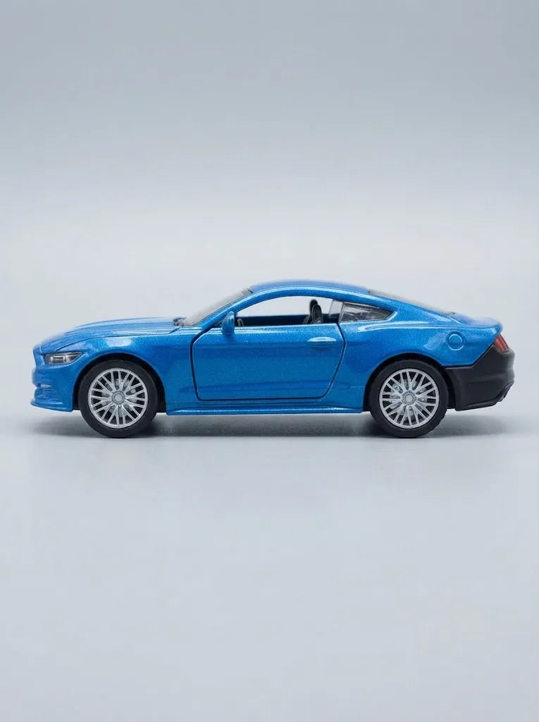 Blue die-cast pull-back car, side profile with alloy-style wheels