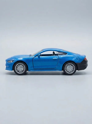 Blue die-cast pull-back car, side profile with alloy-style wheels