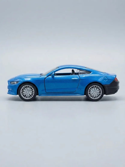 Blue die-cast pull-back car, side profile with alloy-style wheels