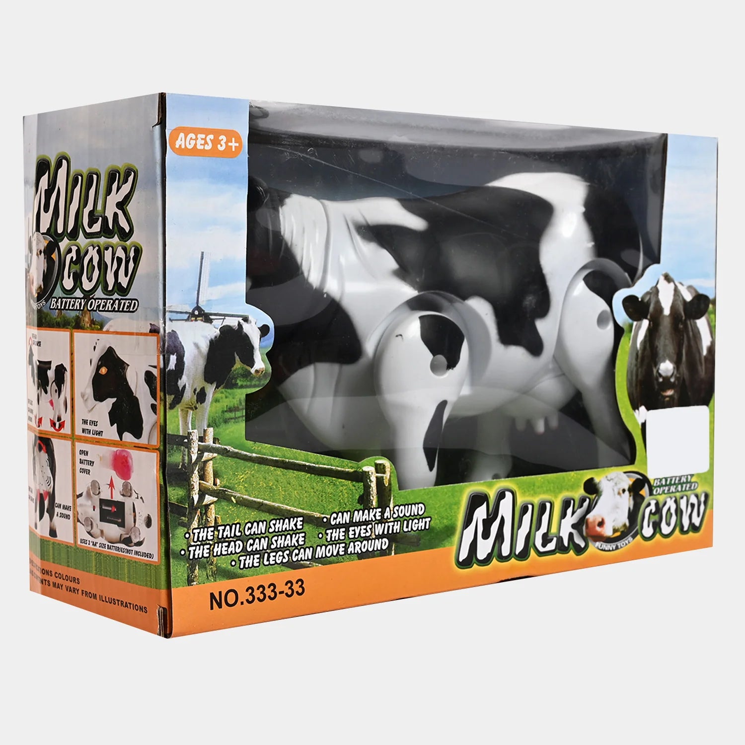 Milk cow toy box with clear window showing black-and-white walking cow figure