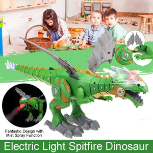 Green electric walking dragon toy spraying mist, with grey wings and orange accents