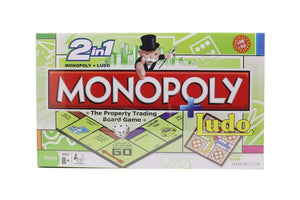 2-in-1 Monopoly and Ludo board game box, front view with player illustration and board map