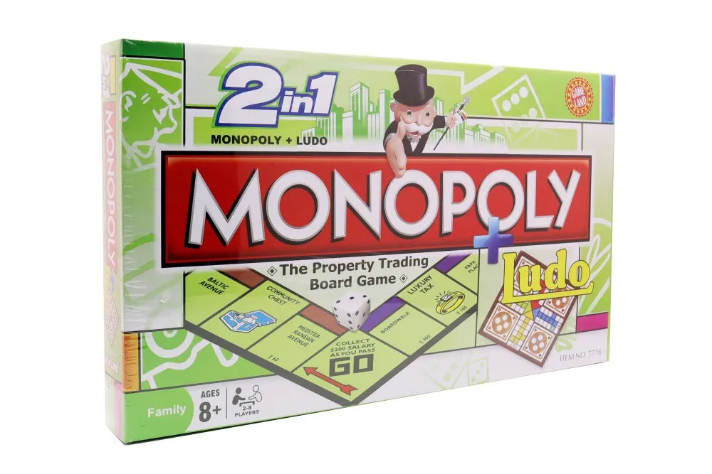 2-in-1 Monopoly and Ludo board game box front with large Monopoly and Ludo titles