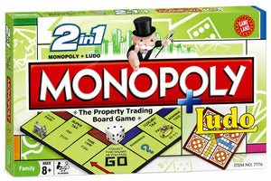 2-in-1 Monopoly and Ludo board game box front, colorful Monopoly and Ludo graphic