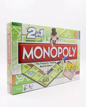 2-in-1 Monopoly and Ludo board game box, green-and-white front with Monopoly and Ludo