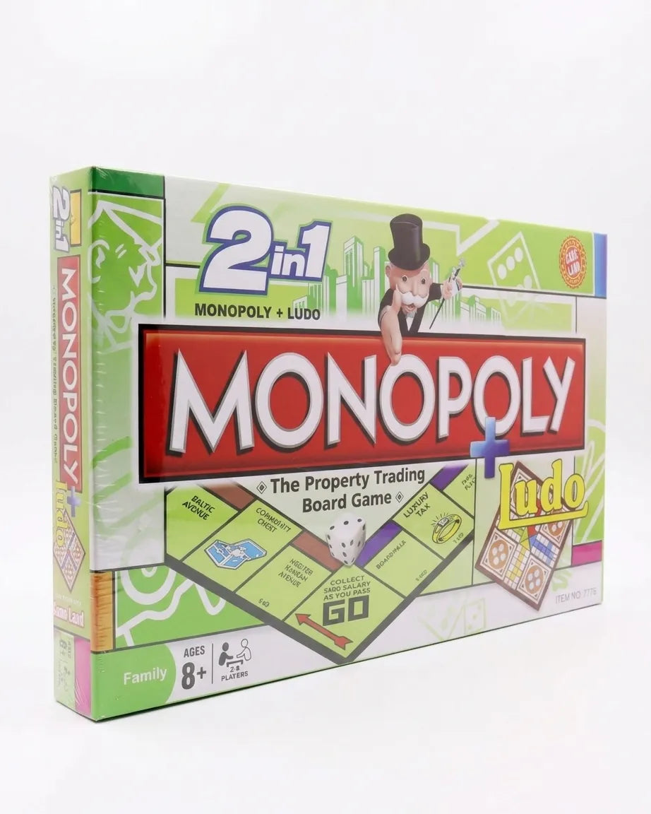 2-in-1 Monopoly and Ludo board game box, green-and-white front with Monopoly and Ludo