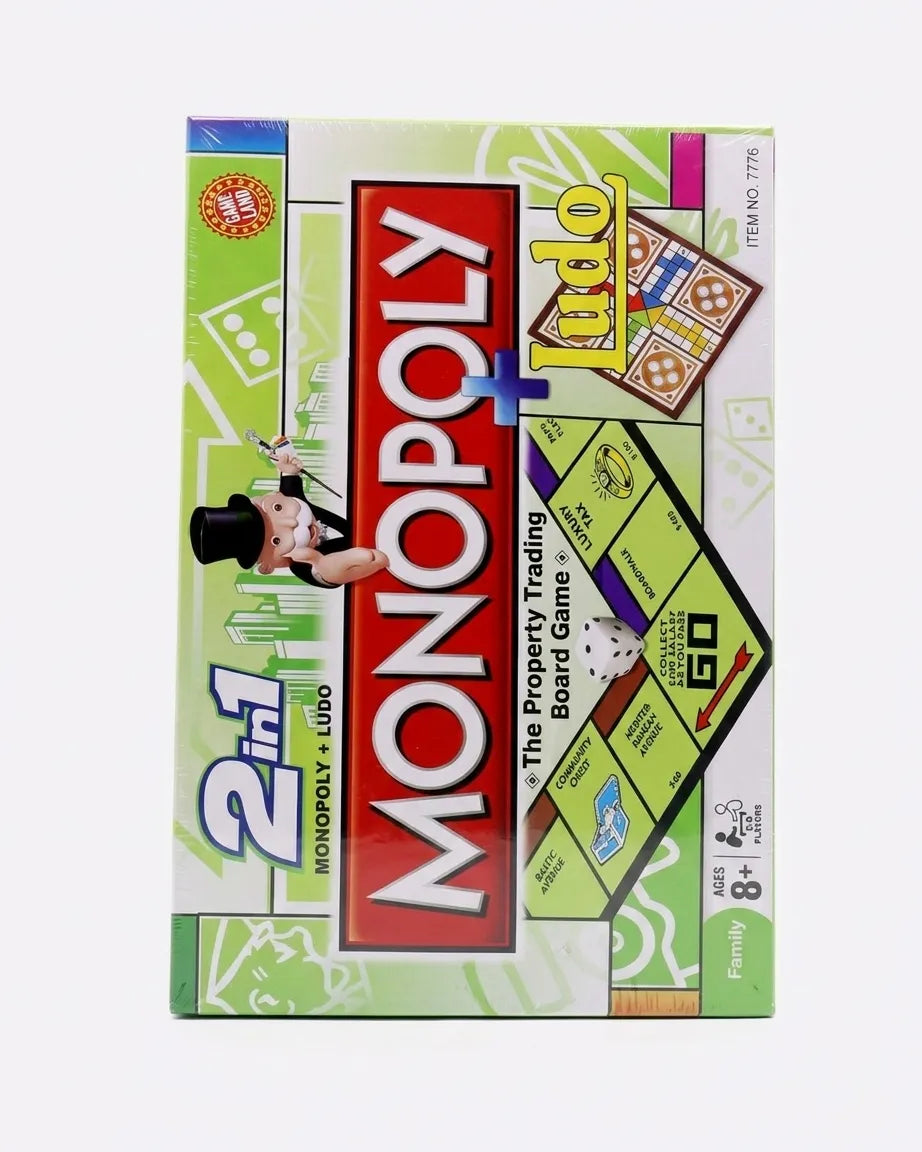 2-in-1 Monopoly and Ludo board game box back, vertical Monopoly text and game art