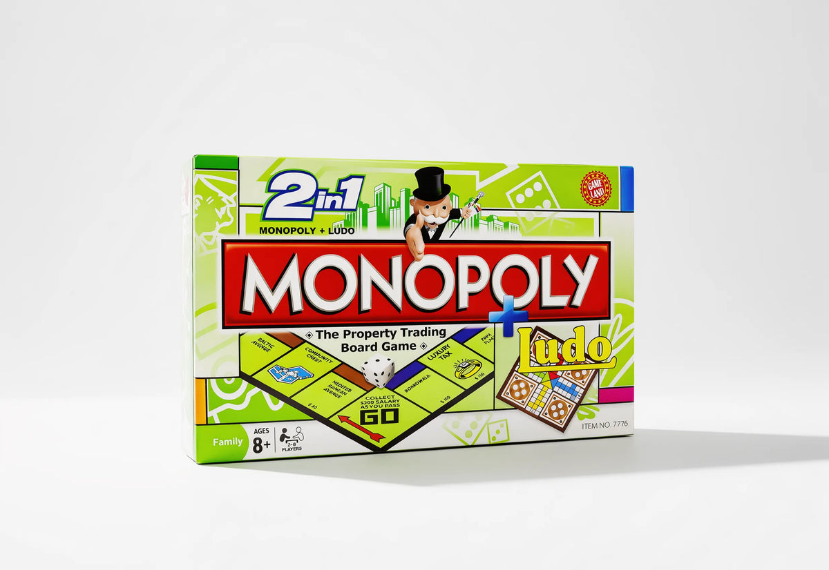 2-in-1 Monopoly and Ludo board game box front, full view with Monopoly and Ludo logos