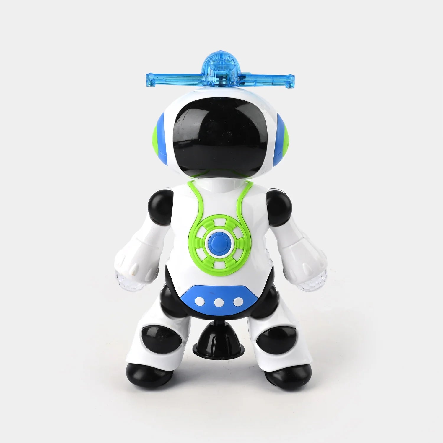 White dancing robot toy with blue visor, green accents, and black feet