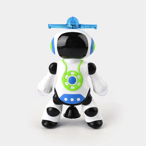 White dancing robot toy with blue visor, green accents, and black feet