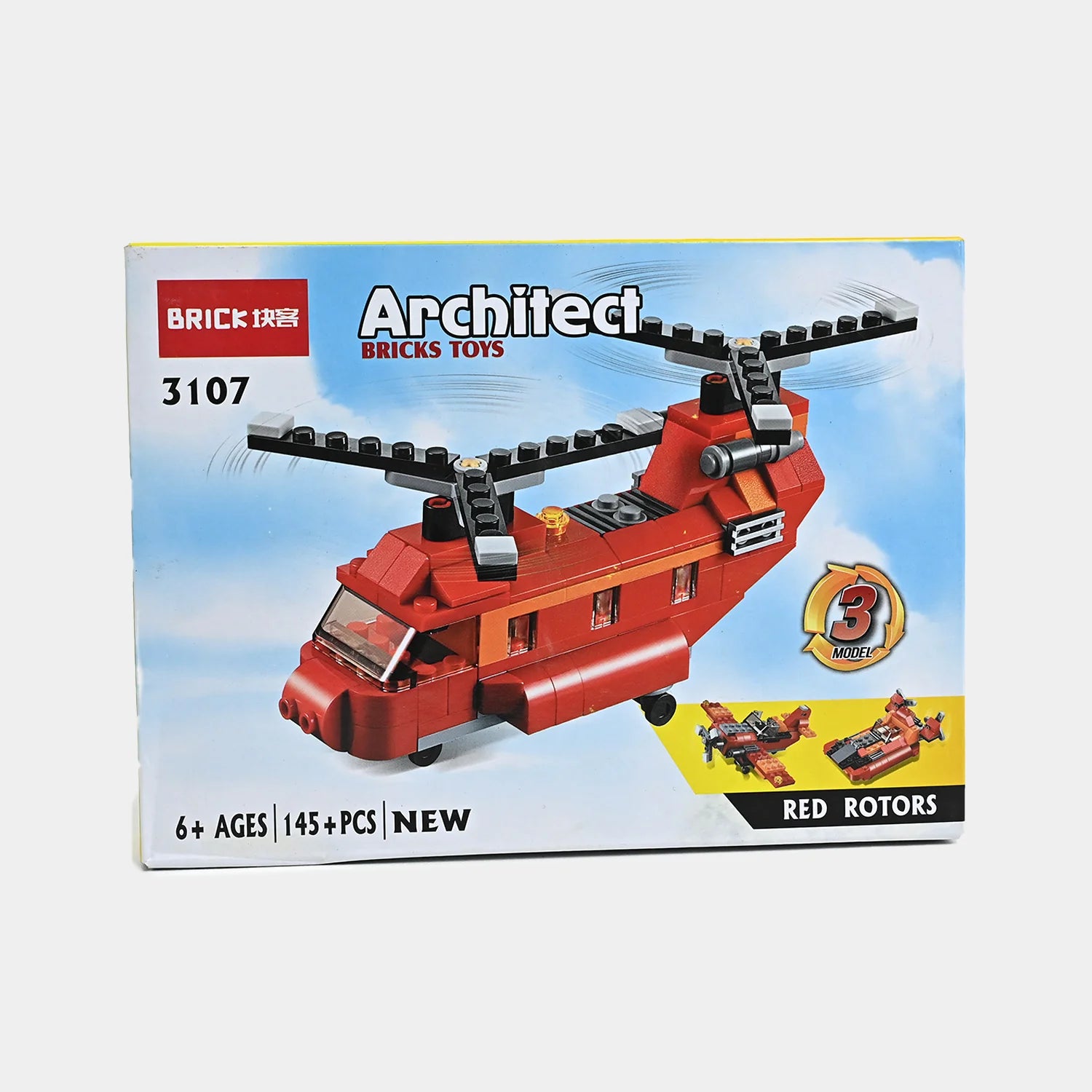 Red brick building toy helicopter model in Architect 3107 box