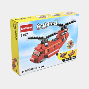 Red brick building toy helicopter model on Architect 3107 side of box